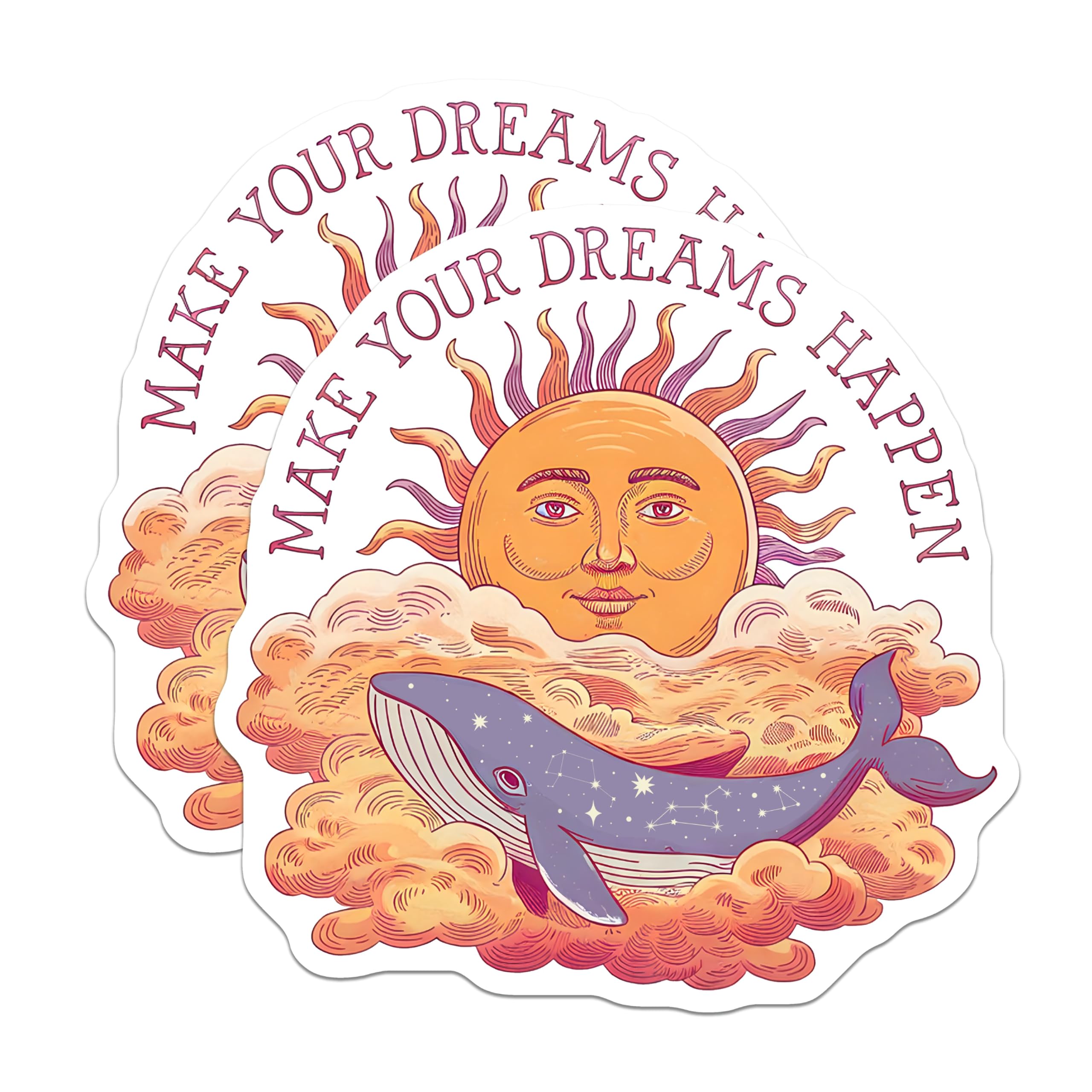 (2 Pack) Make Your Dreams Happen Magnets - Sun Whale Art Celestial Decor - Inspirational Cosmic Fantasy Ocean Scene - 5 Inches On Longest Side - Thick Durable Magnet - Made in USA - MAG19253