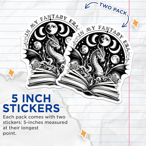 (2 Pack) Dragon Fantasy Stickers - Moon Phase Art Stickers - Mythical Creature Stickers - 5" On Longest Side - Sticks to Smooth Flat Surfaces - Made in USA - BMCS5053