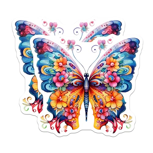 (2 Pack) Butterfly Art Stickers - Colorful Butterfly Stickers - Nature Inspired Stickers - Floral Butterfly Design - 5" On Longest Side - Sticks to Smooth Flat Surfaces - Made in USA - BMCS3712