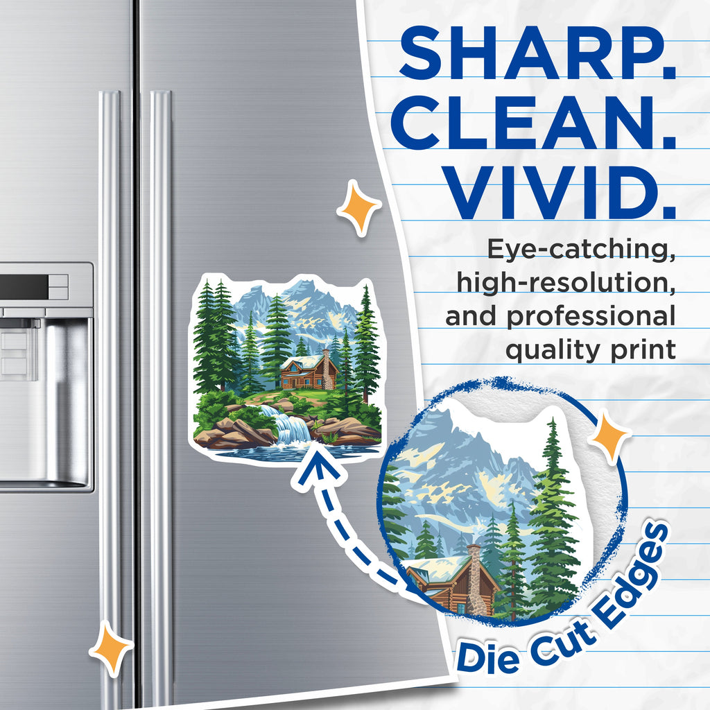 (2 Pack) Log Cabin Magnets - Mountain Landscape Decor - Waterfall Scene Refrigerator Magnets - 5 Inches On Longest Side - Thick Durable Magnet - Made in USA - MAG36226