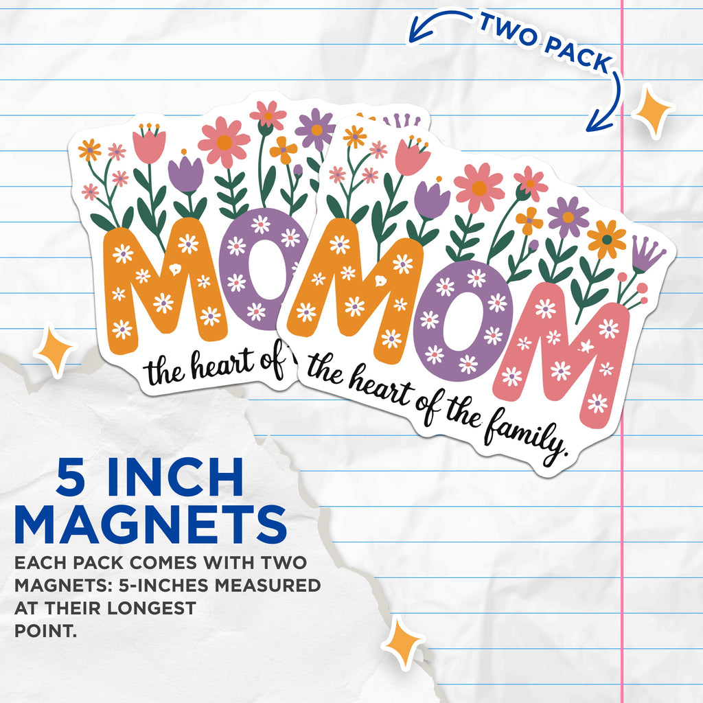 (2 Pack) Floral Mom Magnets - Heart of The Family Refrigerator Decor - Mother's Day Appreciation for Mom - 5 Inches On Longest Side - Thick Durable Magnet - Made in USA - MAG37647