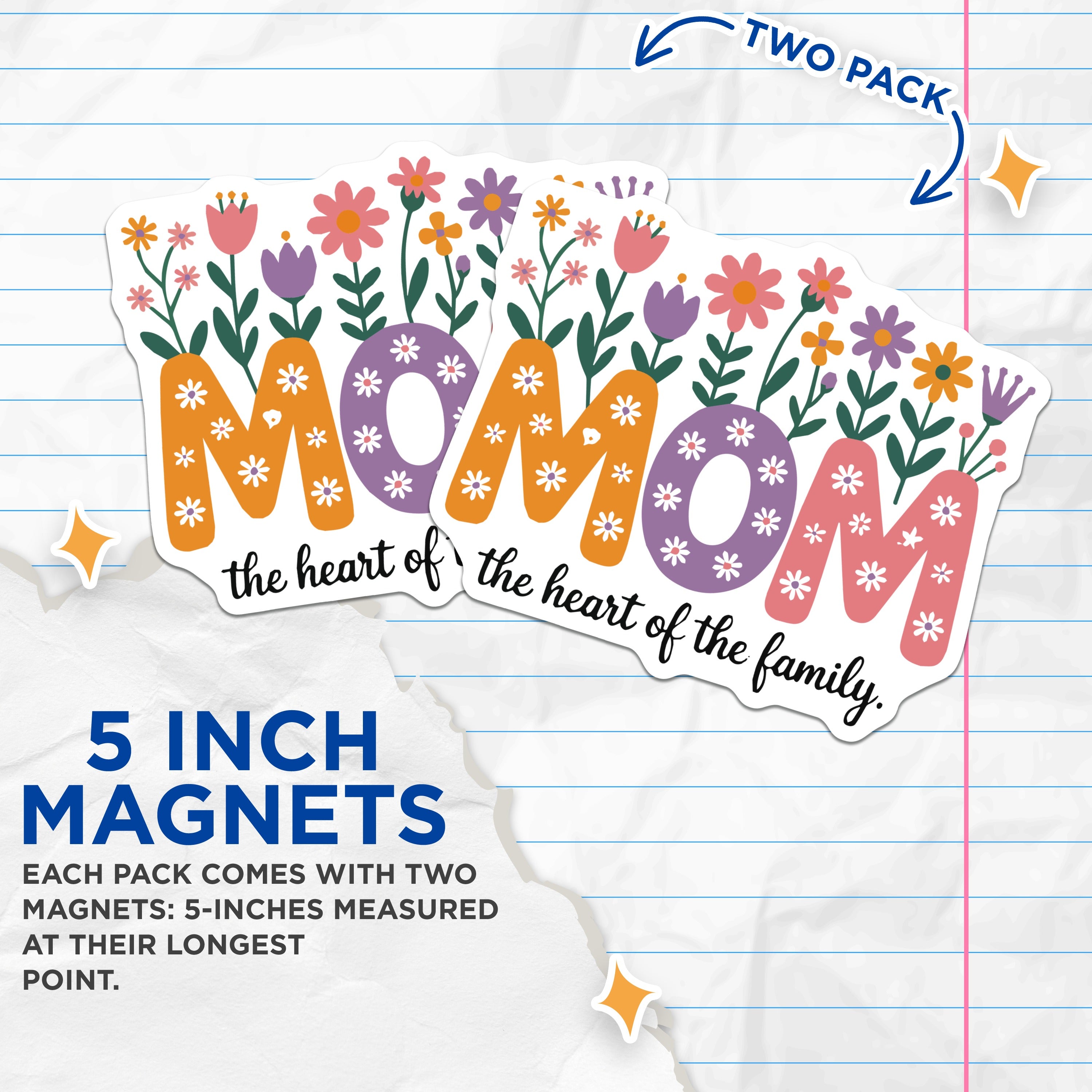 (2 Pack) Floral Mom Magnets - Heart of The Family Refrigerator Decor - Mother's Day Appreciation for Mom - 5 Inches On Longest Side - Thick Durable Magnet - Made in USA - MAG37647