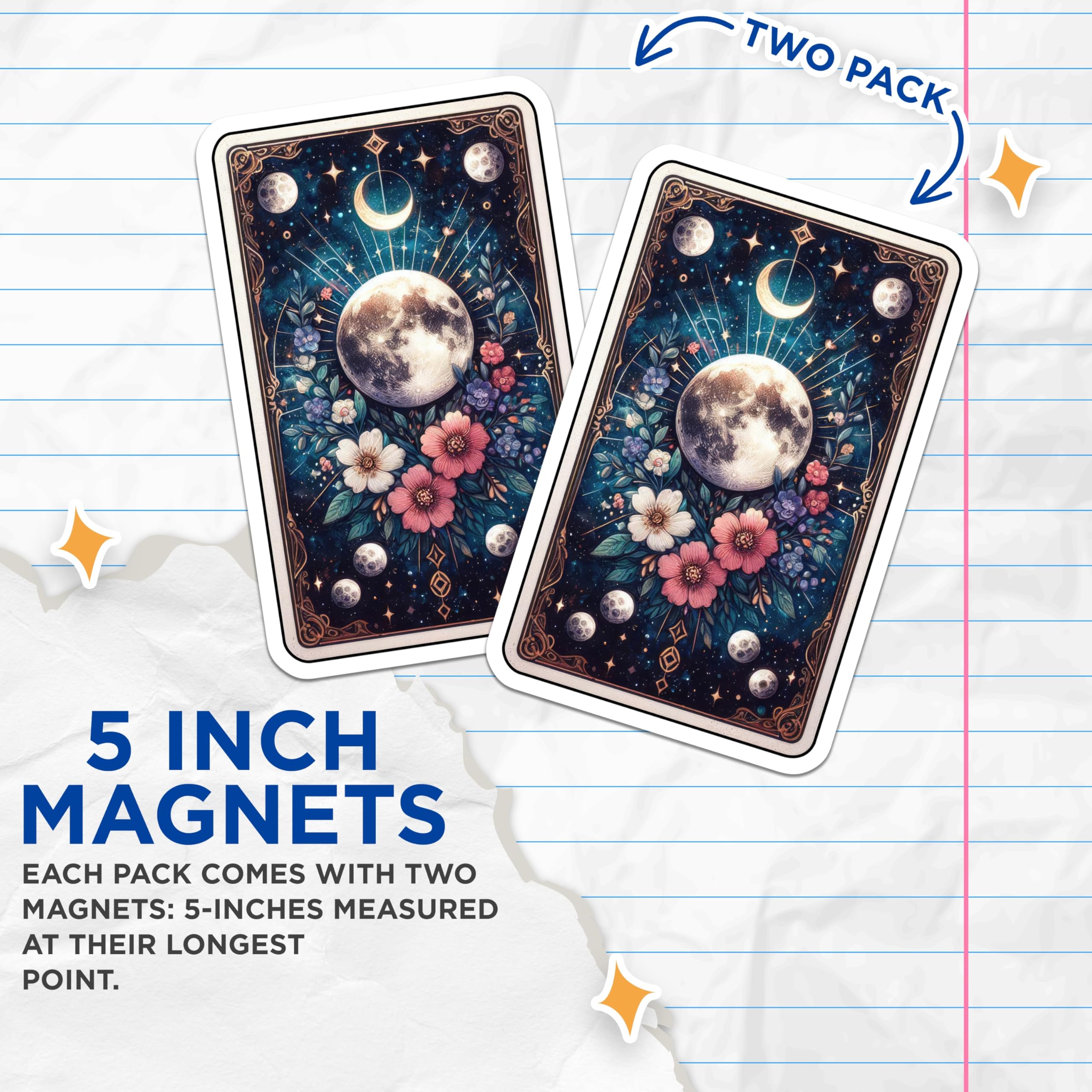 (2 Pack) Celestial Moon Magnets - Mystical Floral Artwork - Botanical Cosmic Refrigerator Magnets - 5 Inches On Longest Side - Thick Durable Magnet - Made in USA - MAG22010