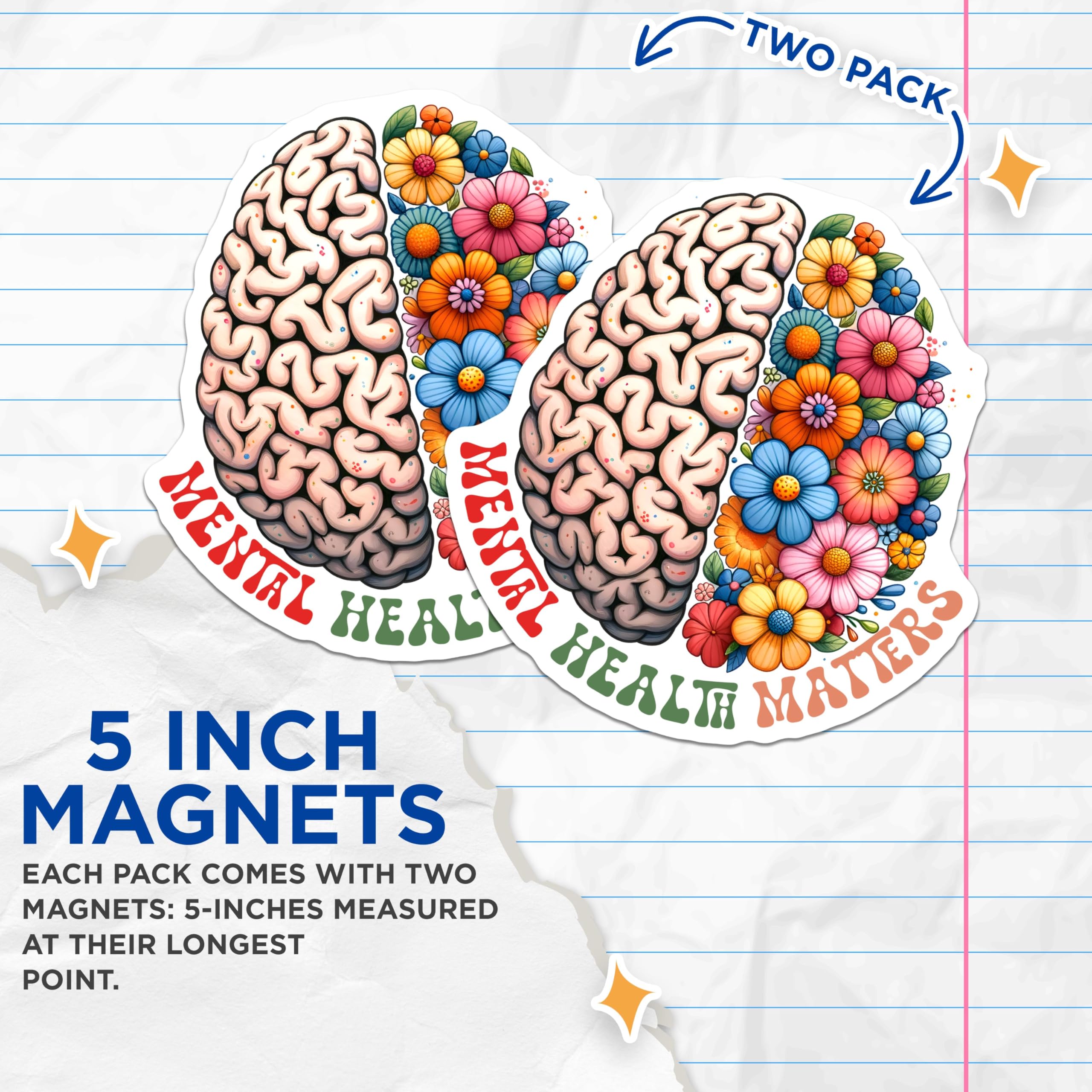 (2 Pack) Mental Health Matters Magnets - Brain and Flowers Magnets - Inspirational Mental Health Magnets - 5" On Longest Side - for Cars, Refrigerators, Toolboxes, Lockers - Made in USA BMCS3244