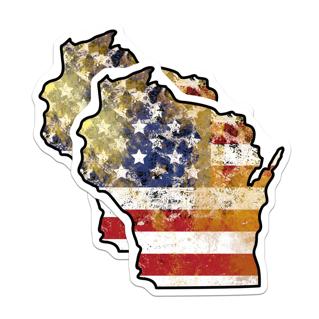 (2 Pack) Wisconsin Stickers - Patriotic State Pride - American Flag Art - 5" On Longest Side - Sticks to Smooth Flat Surfaces - Made in USA - BMCS18385