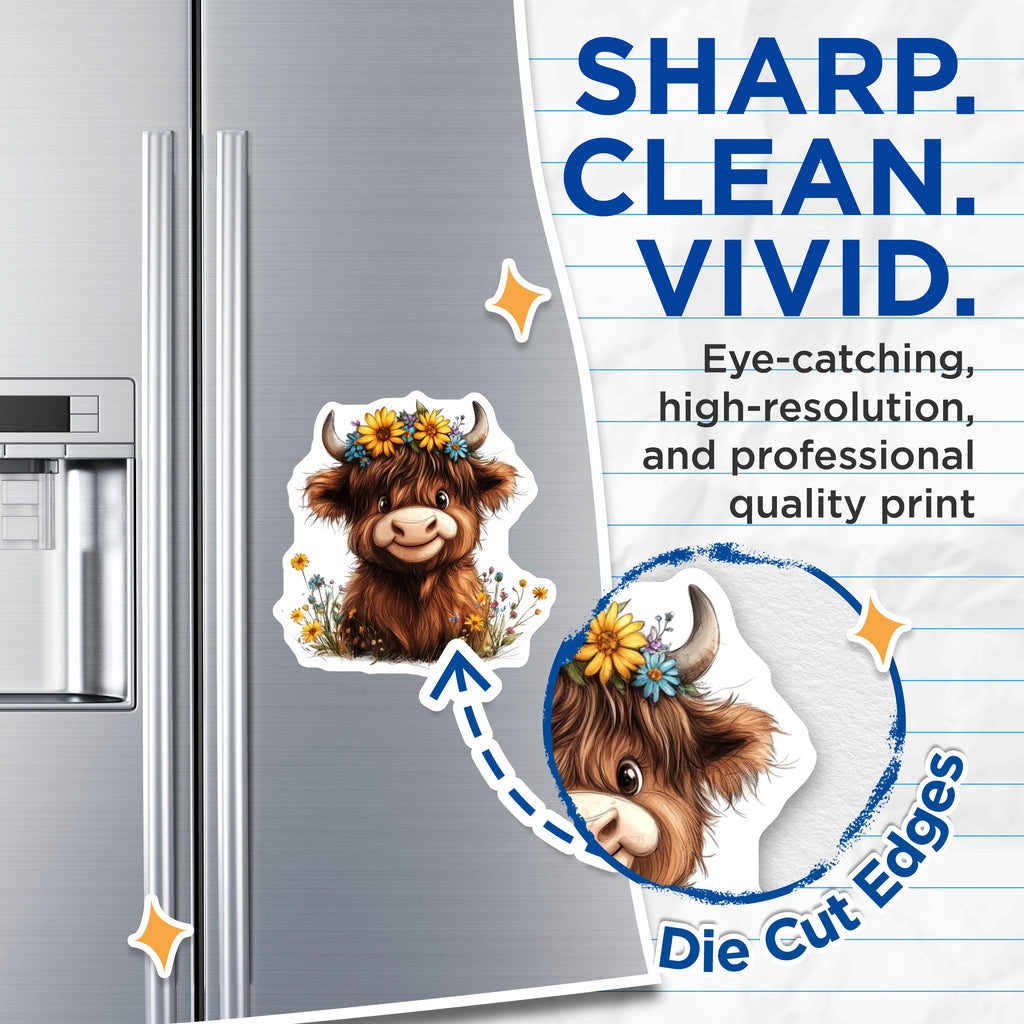 (2 Pack) Highland Cow Magnets - Flower Crown Decor - Cute Farmhouse Kitchen Fridge - Whimsical Animal Illustration - 5 Inches On Longest Side - Thick Durable Magnet - Made in USA - MAG39610