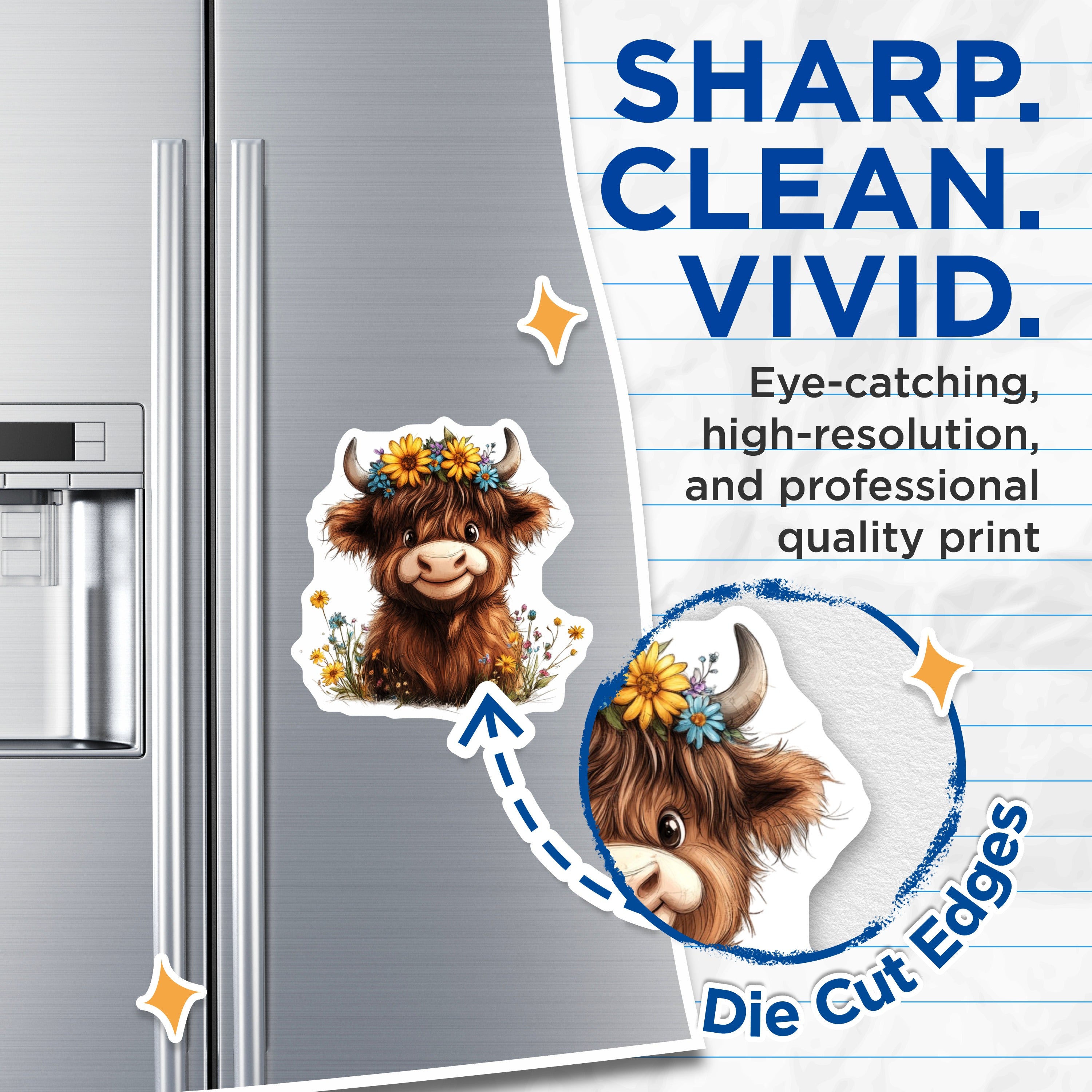 (2 Pack) Highland Cow Magnets - Flower Crown Decor - Cute Farmhouse Kitchen Fridge - Whimsical Animal Illustration - 5 Inches On Longest Side - Thick Durable Magnet - Made in USA - MAG39610