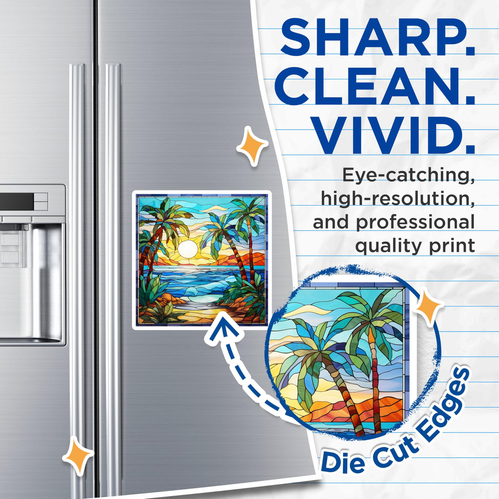(2 Pack) Stained Glass Tropical Magnets - Palm Tree Beach Scene - Ocean Sunset Vibe - Coastal Refrigerator Decor - 5 Inches On Longest Side - Thick Durable Magnet - Made in USA - MAG30282