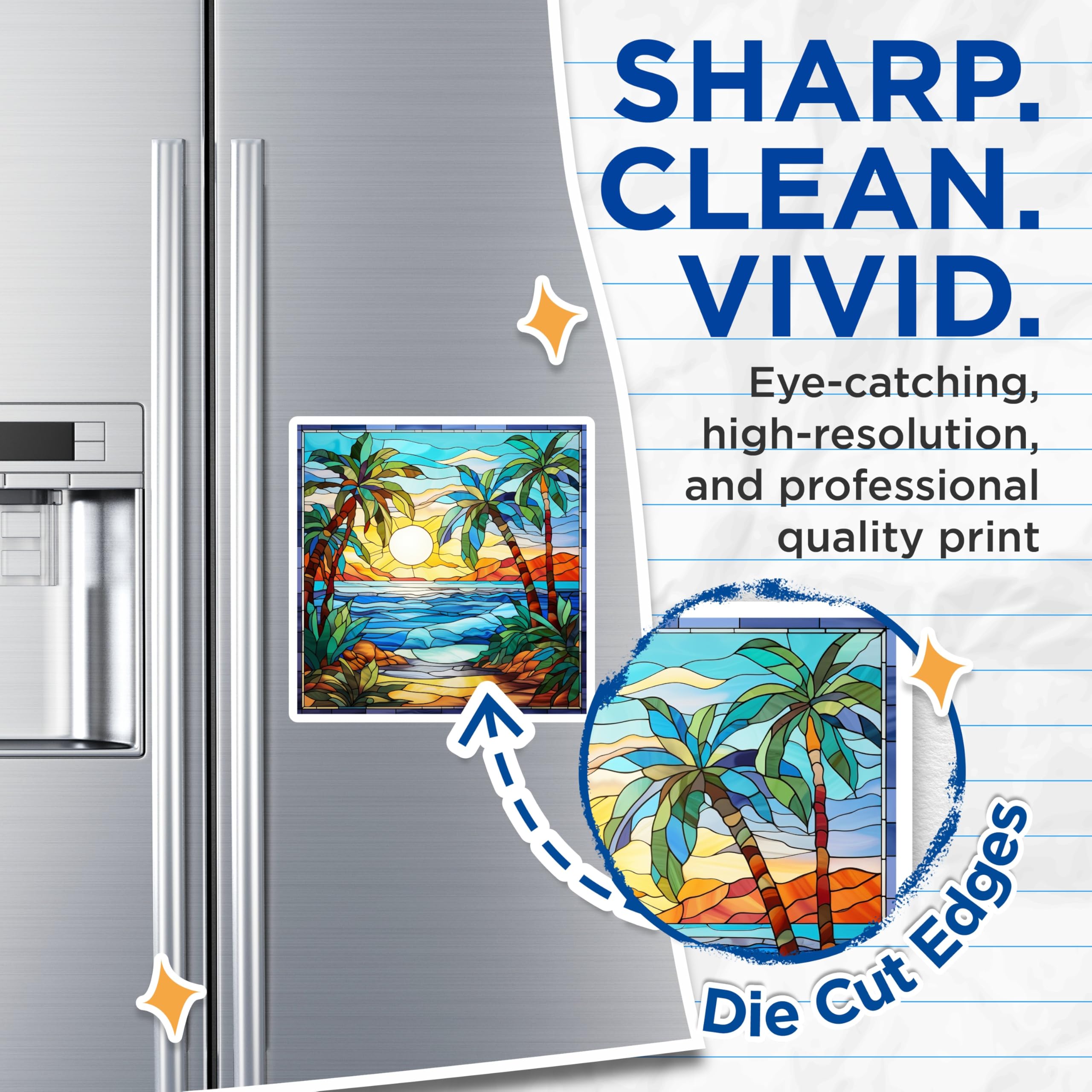 (2 Pack) Stained Glass Tropical Magnets - Palm Tree Beach Scene - Ocean Sunset Vibe - Coastal Refrigerator Decor - 5 Inches On Longest Side - Thick Durable Magnet - Made in USA - MAG30282