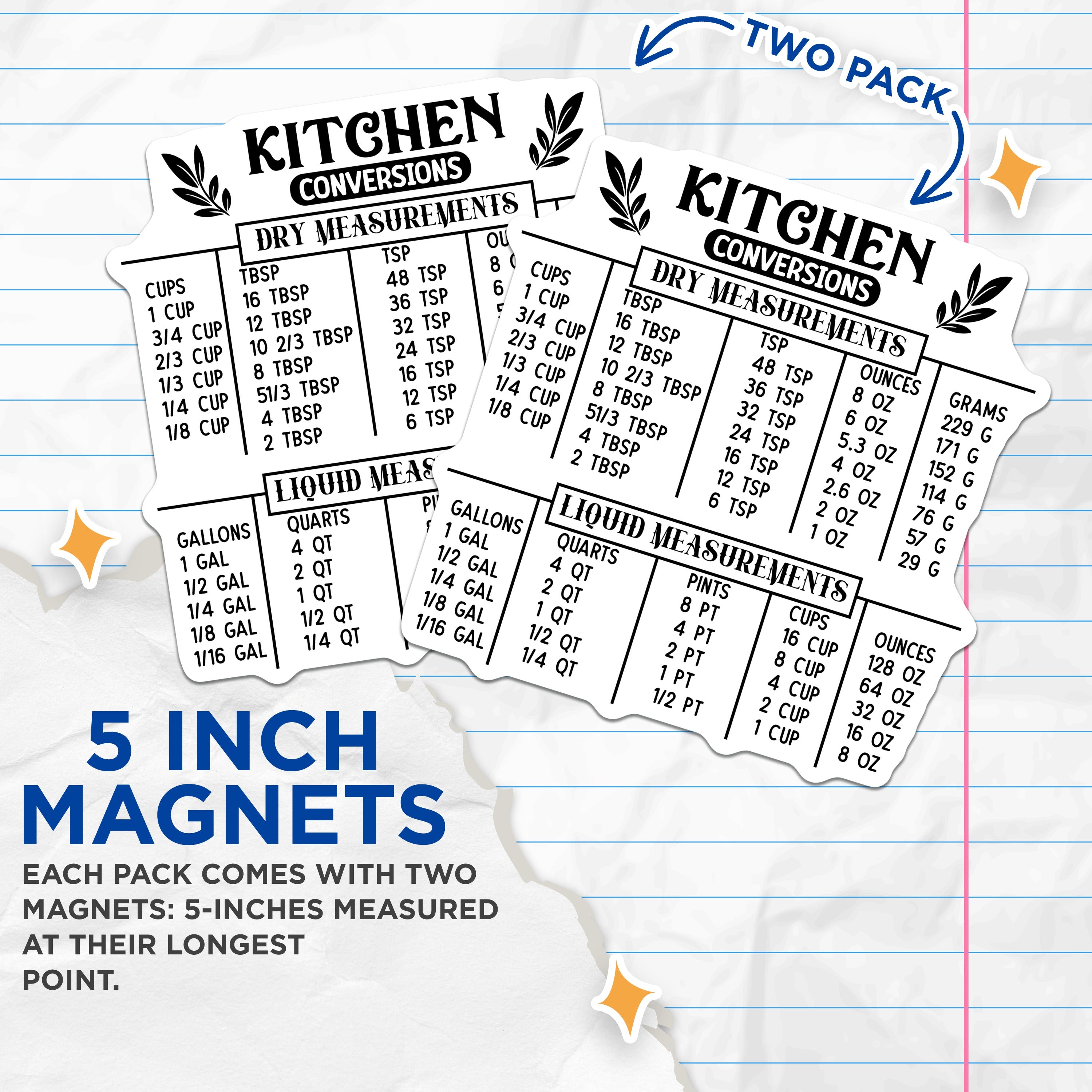 (2 Pack) Kitchen Conversion Chart Magnets - Baking Measurements Guide - Cooking Cheat Sheet - Refrigerator Magnet - Home Cook Helper - 5" - Durable Magnet - Made in USA - MAG37565