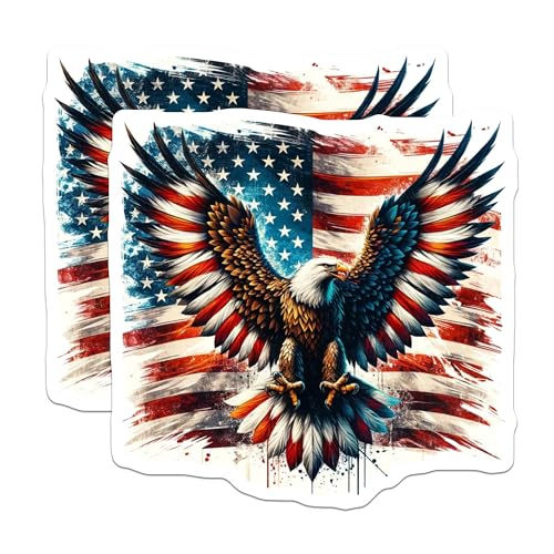 (2 Pack) Patriotic Eagle Stickers - American Flag - Bald Eagle Stickers - USA Pride - Military Veteran Support - 5" On Longest Side - Sticks to Smooth Flat Surfaces - Made in USA - BMCS6953