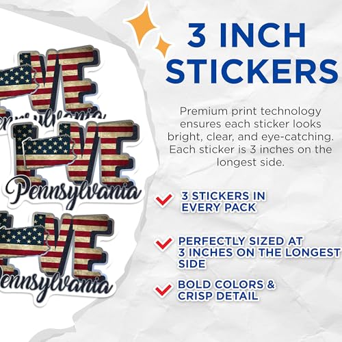 (3 Pack) Pennsylvania Love Decals - American Flag Stickers - PA Laptop Decals - 3 Inches On Longest Side - Easy Peel & Apply - Made in USA - 3MCS0329