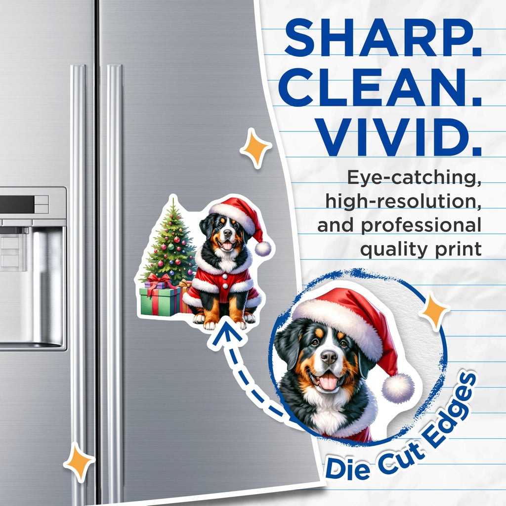 (2 Pack) Bernese Mountain Dog Magnets - Christmas Dog Decor - Santa Puppy Refrigerator Art - Pet Lover Winter - 5 Inches On Longest Side - Thick Durable Magnet - Made in USA - MAG25392