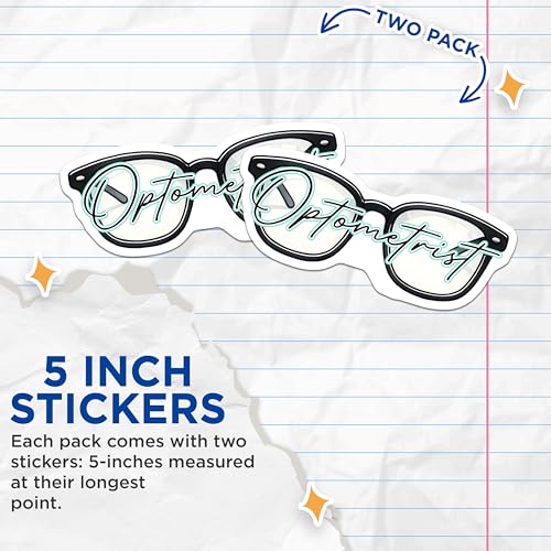 (2 Pack) Optometrist Stickers - Eyeglasses Art - Healthcare Professional Vinyl Decal for Laptops and Water Bottles - 5" On Longest Side - Sticks to Smooth Flat Surfaces - Made in USA - BMCS8073