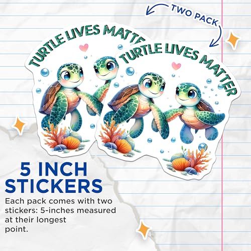 (2 Pack) Turtle Lives Matter Stickers - Environmental Awareness - Cute Sea Turtle - 5" On Longest Side - Sticks to Smooth Flat Surfaces - Made in USA - BMCS7961