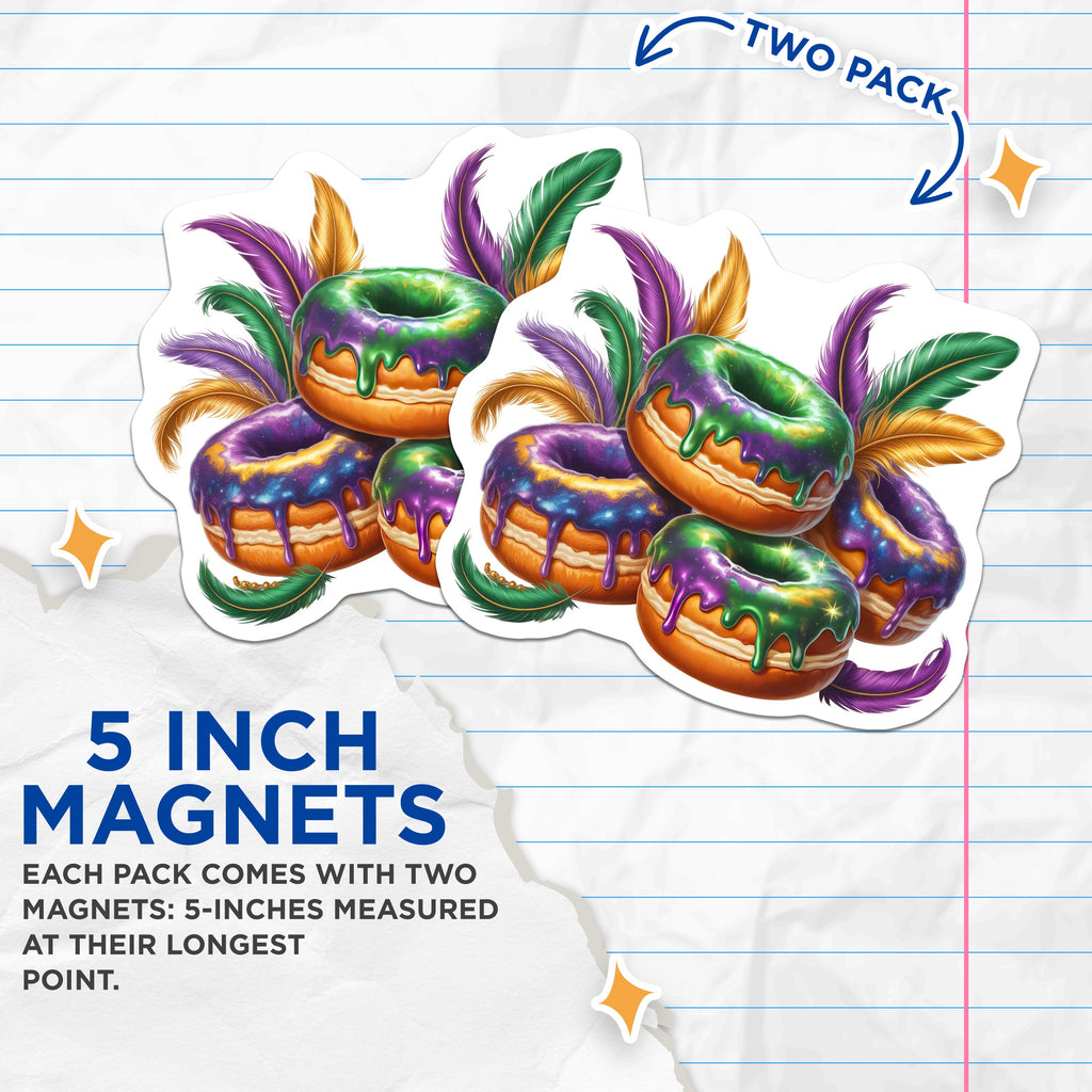 (2 Pack) Mardi Gras Donut Magnets - Fat Tuesday Carnival Decor - New Orleans Party Art - Festive Fridge - 5 Inches On Longest Side - Thick Durable Magnet - Made in USA - MAG38176