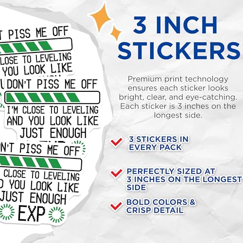 (3 Pack) Leveling Up Decals - Funny Gamer Decal - EXP Motivation Decal - 3 Inches On Longest Side - Easy Peel & Apply - Made in USA - 3MCS7429