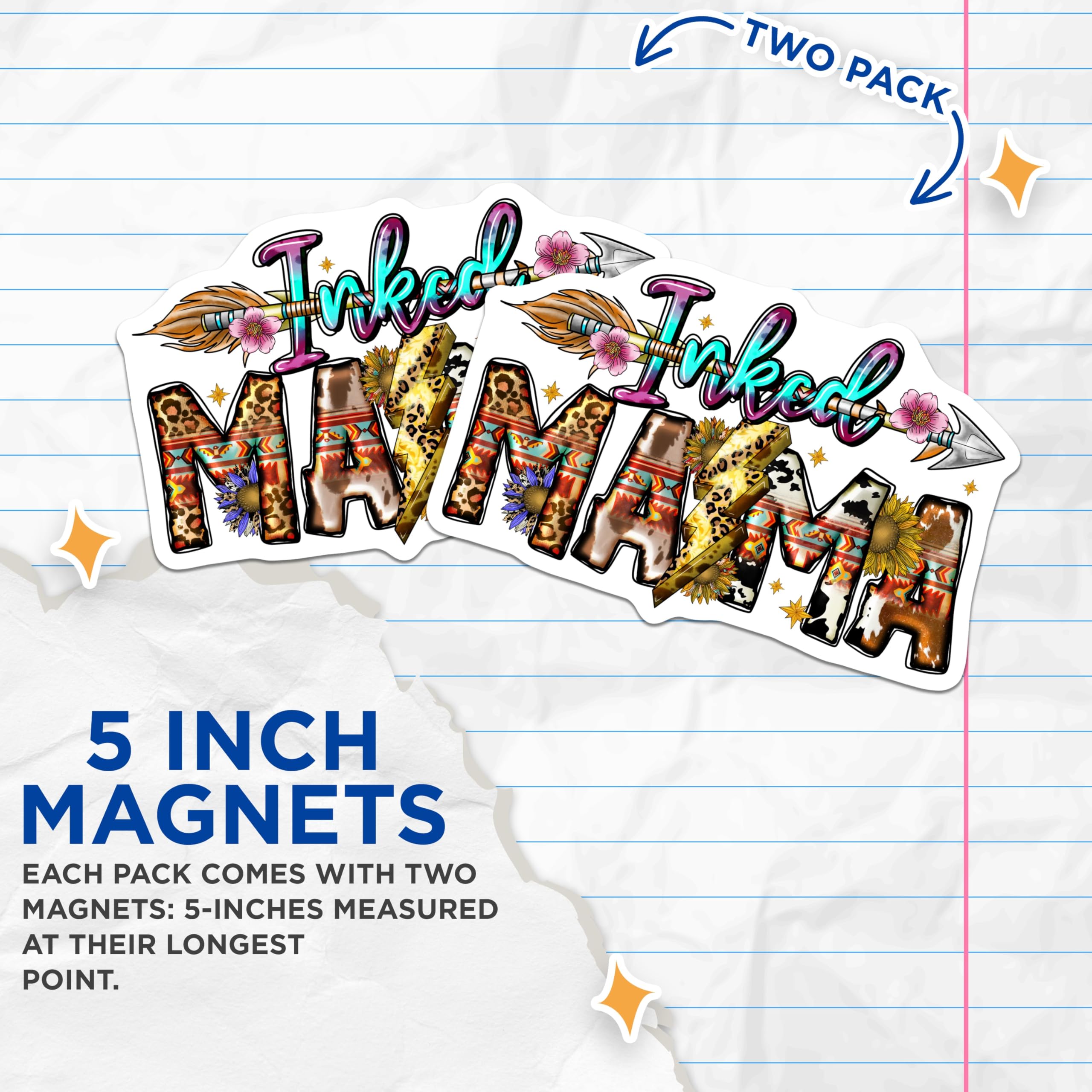 (2 Pack) Inked Mama Magnets - Boho Western Leopard Cowhide - Tattooed Mom Life Fridge Decor - 5 Inches On Longest Side - Thick Durable Magnet - Made in USA - MAG26104