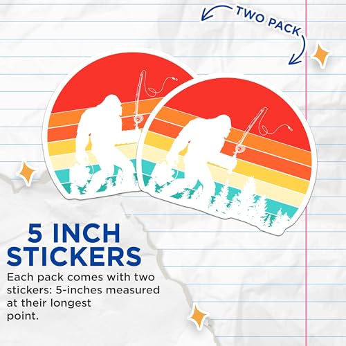(2 Pack) Bigfoot Fishing Stickers - Retro Bigfoot Stickers - Outdoors Enthusiast Decal - 5" On Longest Side - Sticks to Smooth Flat Surfaces - Made in USA - BMCS4778