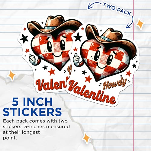 (2 Pack) Howdy Valentine Stickers - Cute Heart with Cowboy Hat Stickers - Fun Love Stickers for Valentine's Day - 5" On Longest Side - Sticks to Any Smooth Flat Surface - Made in USA - BMCS3136