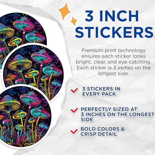 (3 Pack) Psychedelic Mushroom Decals - Neon Fungi Stickers - Colorful Laptop Decals- 3 Inches On Longest Side - Easy Peel & Apply - Made in USA - 3MCS5860