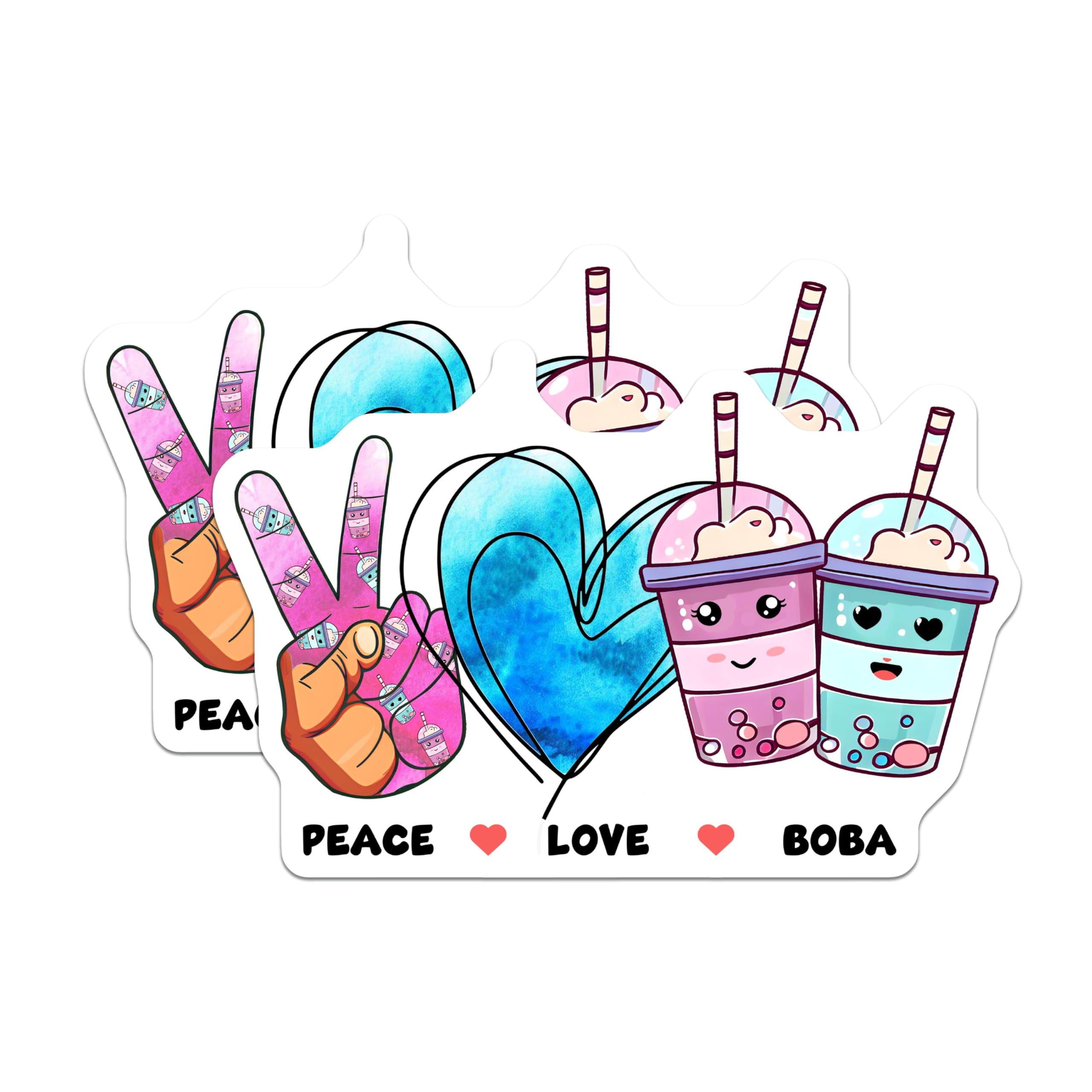 (2 Pack) Peace Love Boba Stickers - Cute Kawaii - Bubble Tea - 5" On Longest Side - Sticks to Smooth Flat Surfaces - Made in USA - BMCS7748