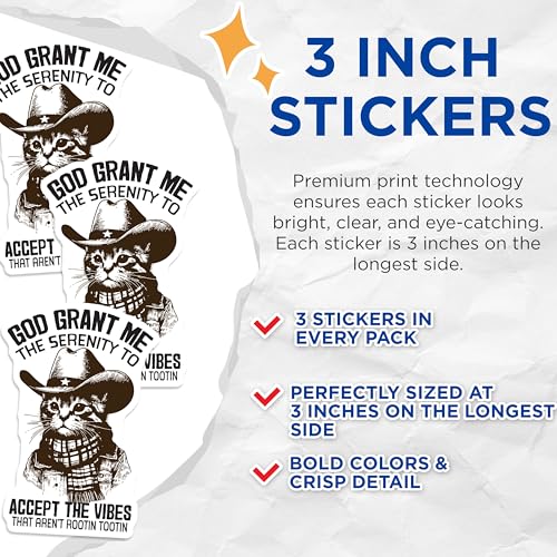(3 Pack) Serenity Prayer Decals - Cowboy Cat - Laptop Decal - 3 Inches On Longest Side - Easy Peel & Apply - Made in USA - 3MCS4768