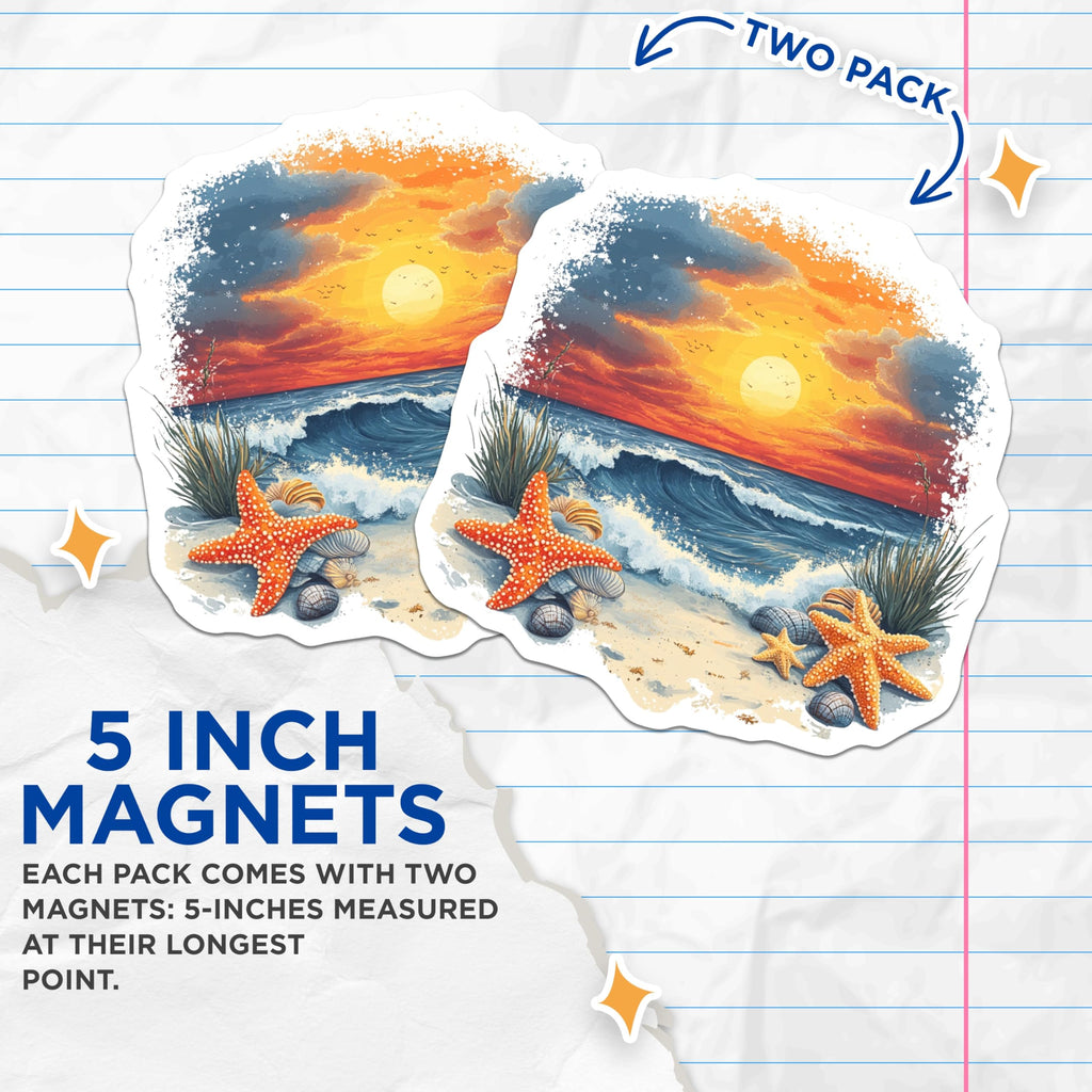 (2 Pack) Sunset Beach Magnets - Ocean Wave Decor - Starfish Coastal Art - 5 Inches On Longest Side - Thick Durable Magnet - Made in USA - MAG26749