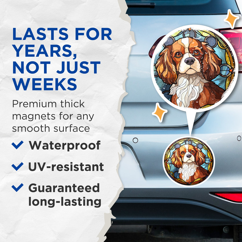 (2 Pack) Cavalier King Charles Spaniel Magnets - Faux Stained Glass Dog Art - Pet Lover Fridge Decor - 5 Inches On Longest Side - Thick Durable Magnet - Made in USA - MAG37564