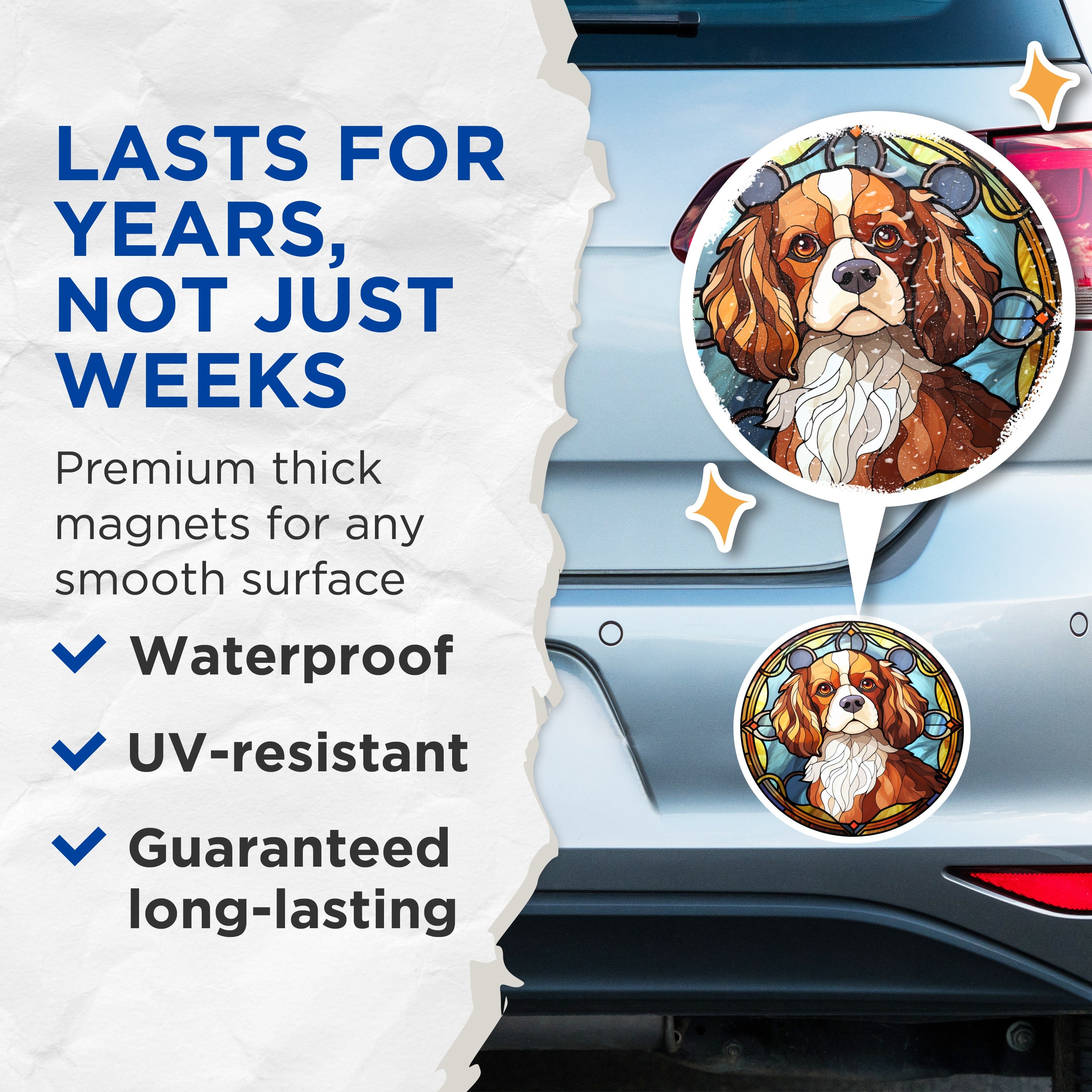 (2 Pack) Cavalier King Charles Spaniel Magnets - Faux Stained Glass Dog Art - Pet Lover Fridge Decor - 5 Inches On Longest Side - Thick Durable Magnet - Made in USA - MAG37564