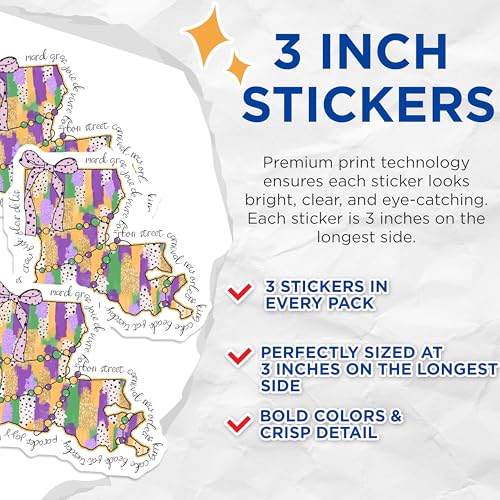 (3 Pack) Mardi Gras Louisiana Decals - New Orleans - Purple Gold Green Decor- 3 Inches On Longest Side - Easy Peel & Apply - Made in USA - 3MCS5143