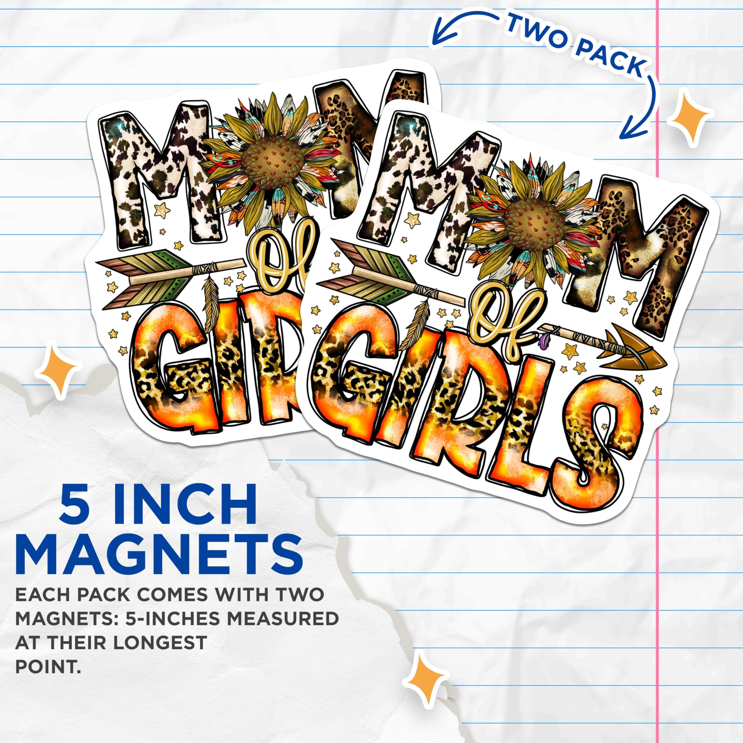(2 Pack) Mom of Girls Magnets - Western Mama Decor - Boho Sunflower Leopard Print Fridge - 5 Inches On Longest Side - Thick Durable Magnet - Made in USA - MAG25072