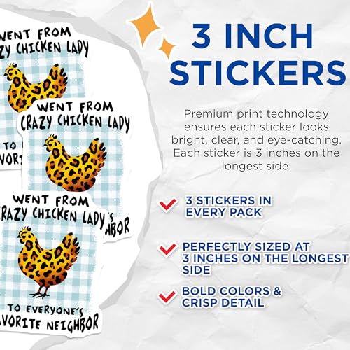 (3 Pack) Crazy Chicken Lady Decals - Favorite Neighbor - Leopard Print Chicken - 3 Inches On Longest Side - Easy Peel & Apply - Made in USA - 3MCS8422