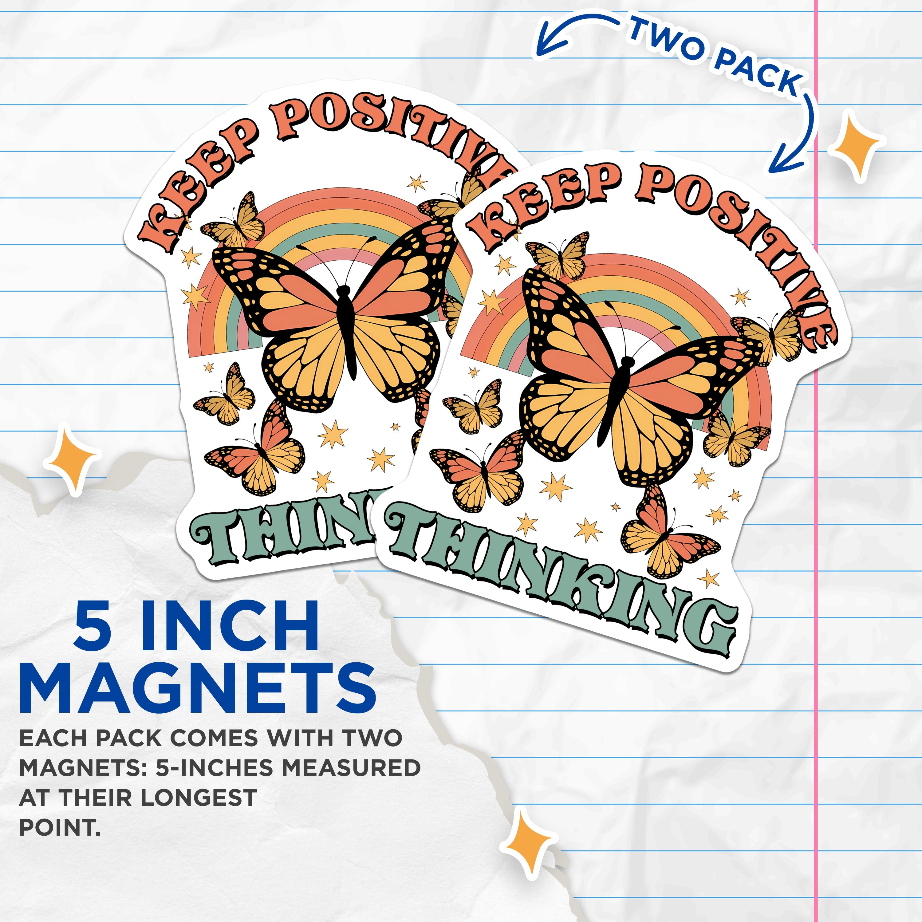 (2 Pack) Keep Positive Thinking Magnets - Retro Butterfly Decor - Good Vibes Aesthetic - 5 Inches On Longest Side - Thick Durable Magnet - Made in USA - MAG39809