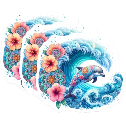 (3 Pack) Dolphin Ocean Wave Decals - Tropical Flower Laptop Decal - Colorful Sea Decals - 3 Inches On Longest Side - Easy Peel & Apply - Made in USA - 3MCS8250