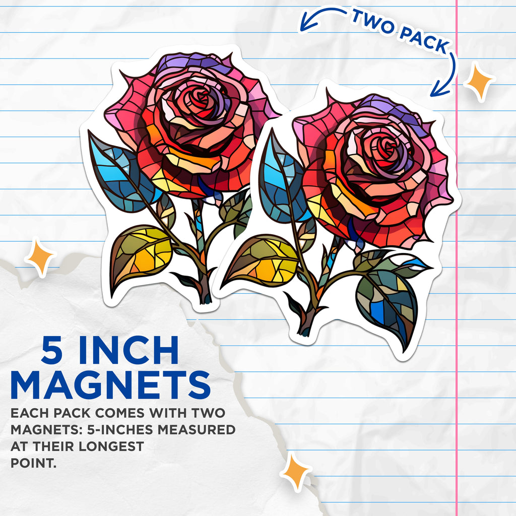 (2 Pack) Stained Glass Rose Magnets - Mosaic Flower Refrigerator Decor - Botanical Art Kitchen Accents - 5 Inches On Longest Side - Thick Durable Magnet - Made in USA - MAG39473