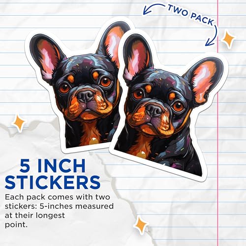 (2 Pack) French Bulldog Stickers - Cute Dog Face Decal - Animal Lover Dog Breed Sticker - 5" On Longest Side - Sticks to Smooth Flat Surfaces - Made in USA - BMCS3934