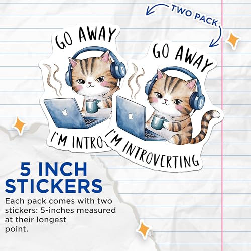 (2 Pack) Cat Introverting Stickers - Cute Cat Laptop Stickers - Funny Introvert Cat Stickers - 5" On Longest Side - Sticks to Any Smooth Flat Surface - Made in USA - BMCS3457