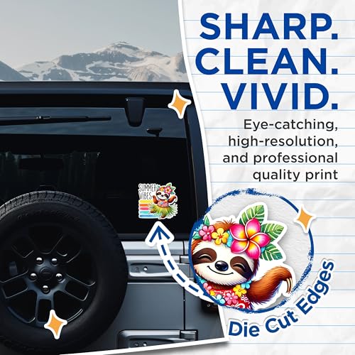 (2 Pack) Summer Vibes Stickers - Cute Sloth - Hawaiian Theme - Tropical Fun Summer - 5" On Longest Side - Sticks to Any Smooth Flat Surface - Made in USA - BMCS2741