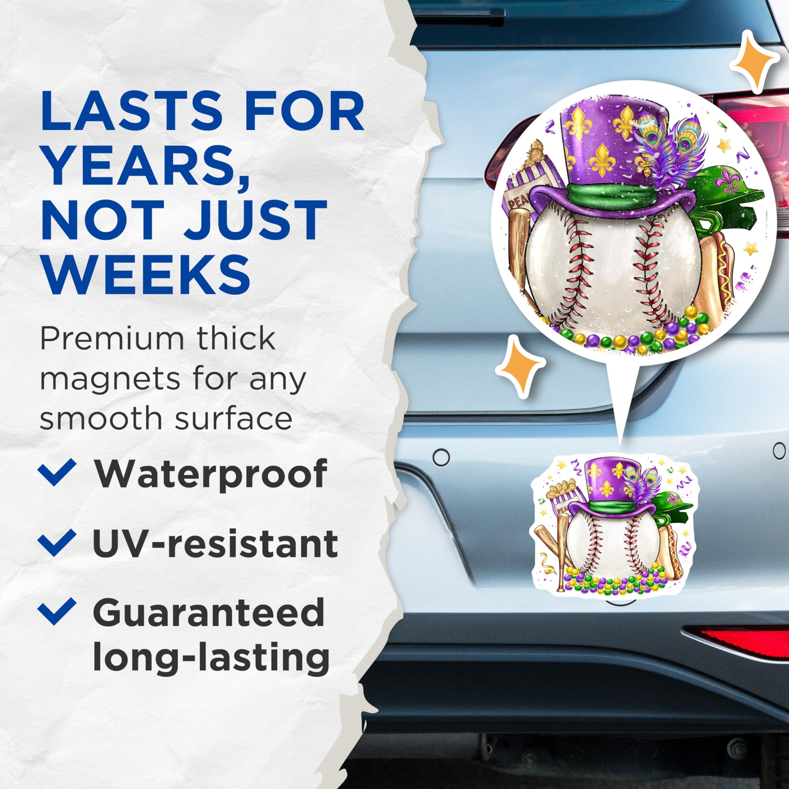 (2 Pack) Mardi Gras Baseball Magnets - New Orleans Sports Decor - Fat Tuesday Fan Refrigerator - 5 Inches On Longest Side - Thick Durable Magnet - Made in USA - MAG25521