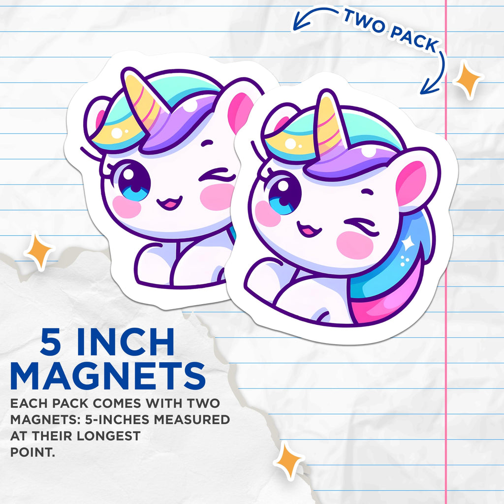 (2 Pack) Kawaii Unicorn Magnets - Adorable Winking Unicorn - Magical Fantasy Decor - Rainbow Mane Fridge Locker Magnets - 5 Inches On Longest Side - Thick Durable Magnet - Made in USA - MAG22043