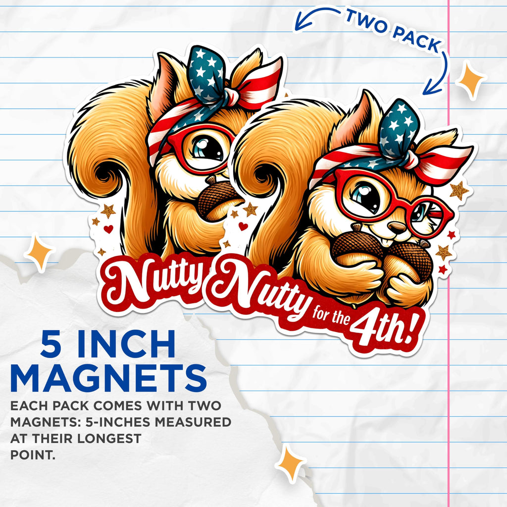 (2 Pack) Nutty for The 4th Magnets - Squirrel with Acorns Magnets - 4th of July Decor Magnets- 5" On Longest Side - for Fridges, Toolboxes, Cars - Made in USA - MAG2708