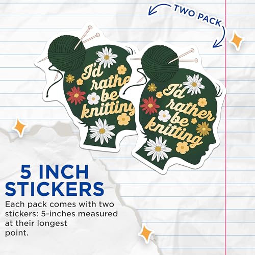 (2 Pack) IÃ¢â‚¬â„¢d Rather Be Knitting Stickers - Yarn Ball Knit Art - Flowers Hobby Decal for Knitters - 5" On Longest Side - Sticks to Smooth Flat Surfaces - Made in USA - BMCS8906