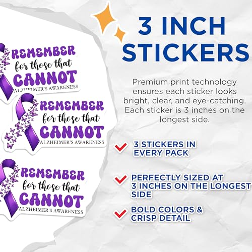 (3 Pack) Alzheimers Awareness Decals - Purple Butterfly - Remember Decal - 3 Inches On Longest Side - Easy Peel & Apply - Made in USA - 3MCS8547