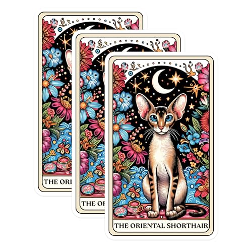 (3 Pack) Oriental Shorthair Decals - Floral Cat Stickers - Laptop Decals - 3 Inches On Longest Side - Easy Peel & Apply - Made in USA - 3MCS0115