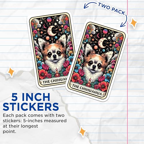 (2 Pack) Chihuahua Art Stickers - Cute Dog Stickers - Flower Dog Stickers - Night Sky Stickers - 5" On Longest Side - Sticks to Smooth Flat Surfaces - Made in USA - BMCS4810