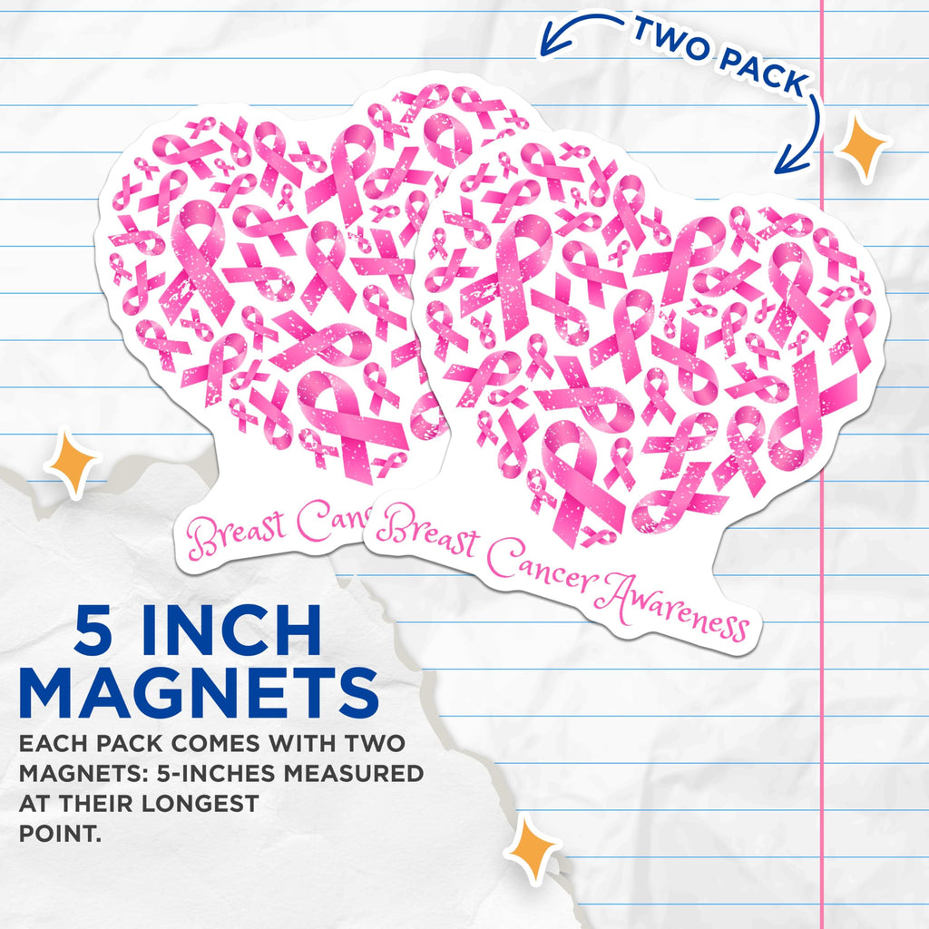 (2 Pack) Breast Cancer Awareness Magnets - Pink Ribbon Magnets - Heart Shape Magnets for Awareness Support - 5" On Longest Side - for Cars, Refrigerators, Toolboxes, Lockers - Made in USA BMCS3369