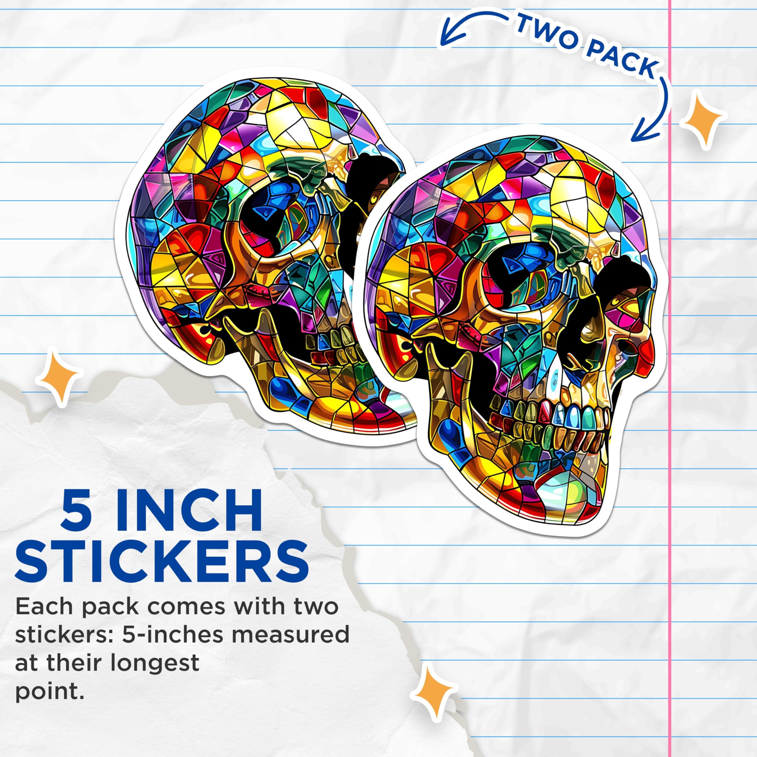 (2 Pack) Stained Glass Skull Stickers - Colorful Skull Art - Mosaic Skull Decals- 5" On Longest Side - Sticks to Smooth Flat Surfaces - Made in USA - BMCS16794