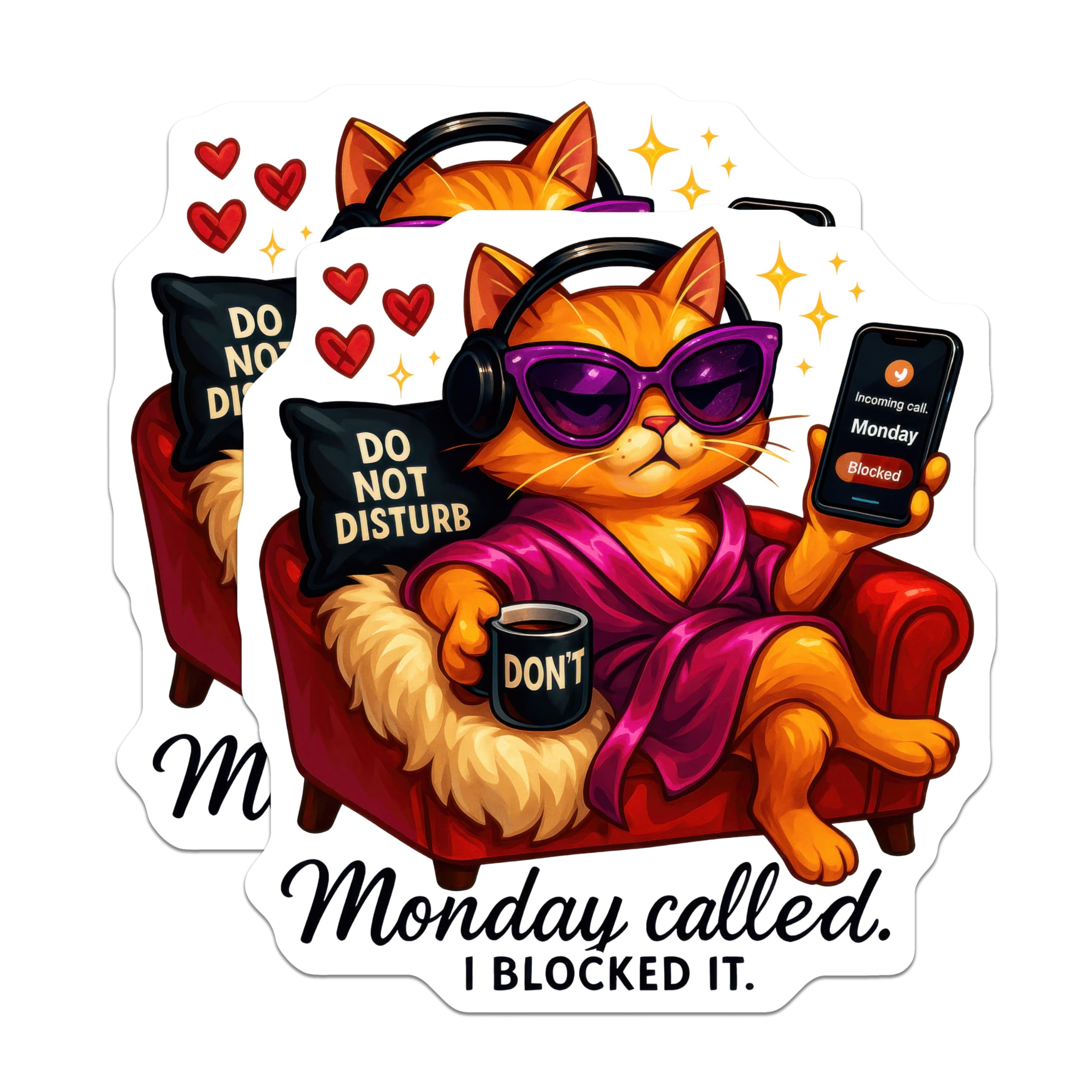 (2 Pack) Monday Called Blocked Magnets - Funny Anti Monday Cat Lover Decor - Lazy Feline Humor for Fridge Locker Accessory - 5 Inches On Longest Side - Thick Durable Magnet - Made in USA - MAG22397