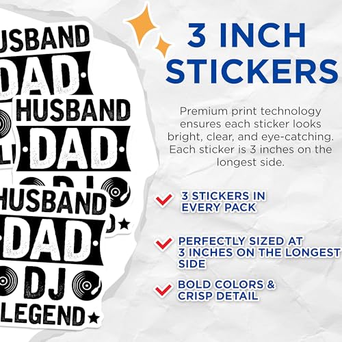 (3 Pack) Husband Dad DJ Decals - Legend Decal - Musician Decal - 3 Inches On Longest Side - Easy Peel & Apply - Made in USA - 3MCS4921